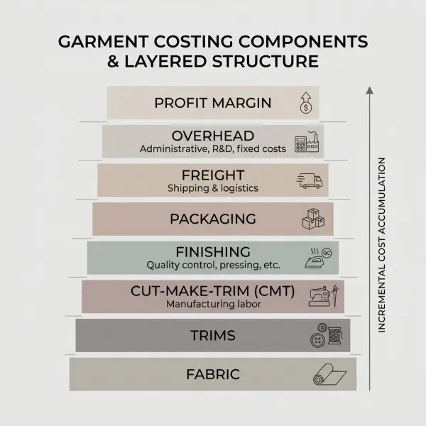 Clean diagram showing main components of garment costing for fashion brands
