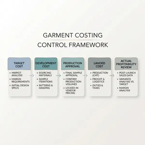 Framework diagram for reducing garment costing errors from target cost to actual profitability review