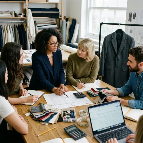 Fashion brand team reviewing a garment costing sheet with fabric swatches and sample garments