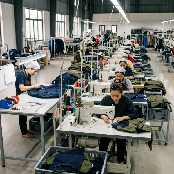 Garment factory production line showing sewing operations that influence apparel labor cost