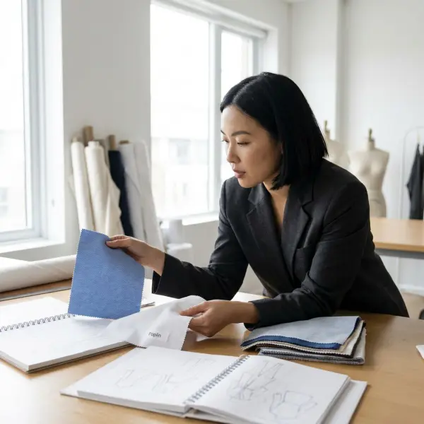 Fashion designer membandingkan sampel bahan Oxford dan poplin sebelum menentukan material produksi