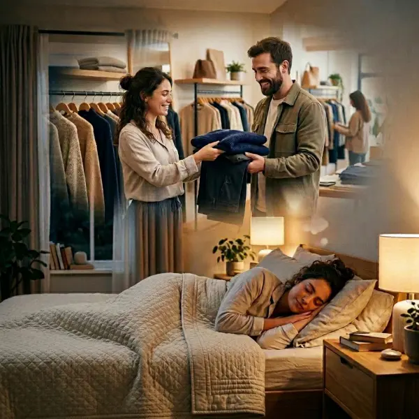 Seseorang sedang tidur dan bermimpi memilih baju baru untuk pasangannya di sebuah toko pakaian