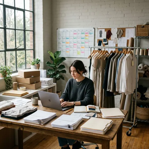 Fashion brand office showing overhead costs behind apparel production and business operations Fashion brand office showing overhead costs behind apparel production and business operations