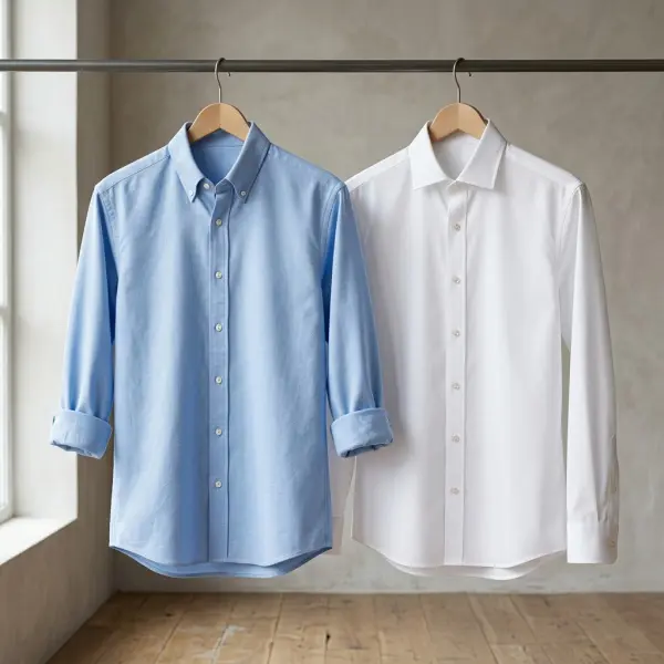 Perbandingan tampilan kemeja berbahan Oxford dan poplin dalam gaya smart casual dan formal