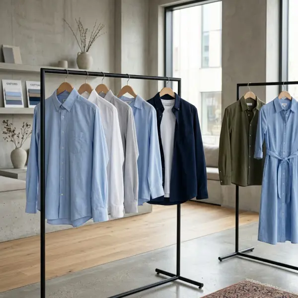 Berbagai produk fashion yang menggunakan bahan Oxford seperti kemeja, blouse, dan overshirt Berbagai produk fashion yang menggunakan bahan Oxford seperti kemeja, blouse, dan overshirt