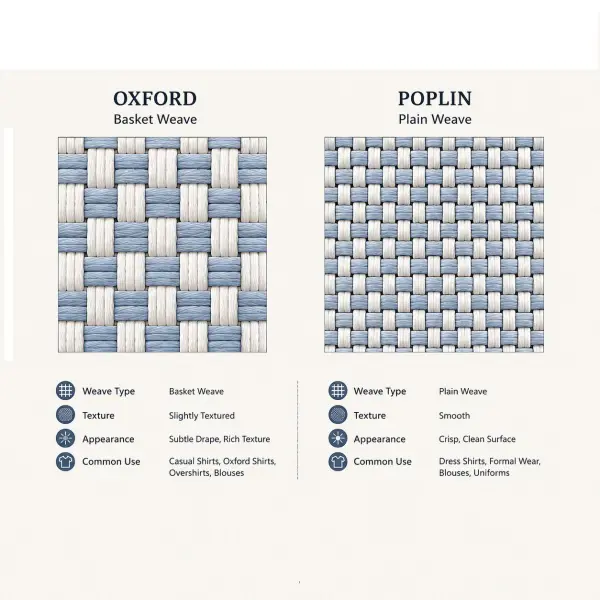 Diagram sederhana yang membandingkan struktur anyaman Oxford dan poplin