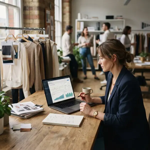 Fashion merchandiser reviewing AI-assisted demand planning and inventory allocation dashboard Fashion merchandiser reviewing AI-assisted demand planning and inventory allocation dashboard