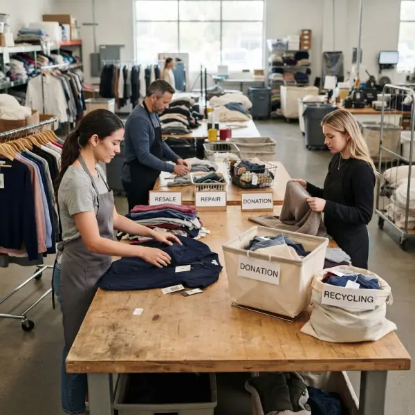 Fashion team sorting returned garments for resale repair donation and recycling workflows Fashion team sorting returned garments for resale repair donation and recycling workflows