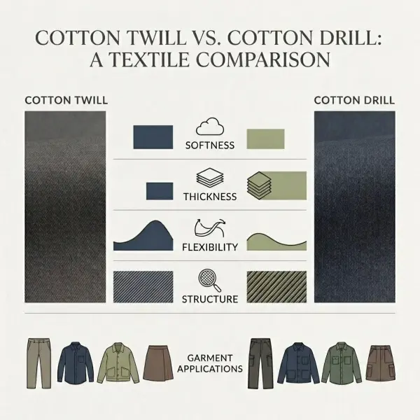 Diagram sederhana membandingkan karakter katun twill dan katun drill Diagram sederhana membandingkan karakter katun twill dan katun drill
