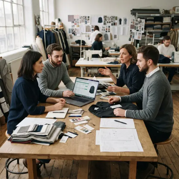 Fashion team preparing digital product passport data for textile apparel products Fashion team preparing digital product passport data for textile apparel products