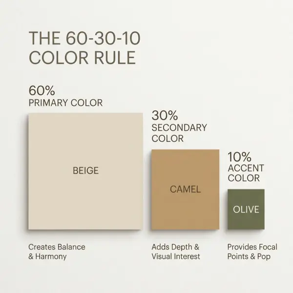 Diagram sederhana aturan 60-30-10 menggunakan palet warna earth tone Diagram sederhana aturan 60-30-10 menggunakan palet warna earth tone