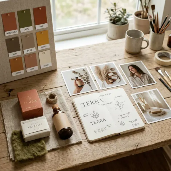 Mood board branding dengan palet warna earth tone untuk brand fashion dan lifestyle