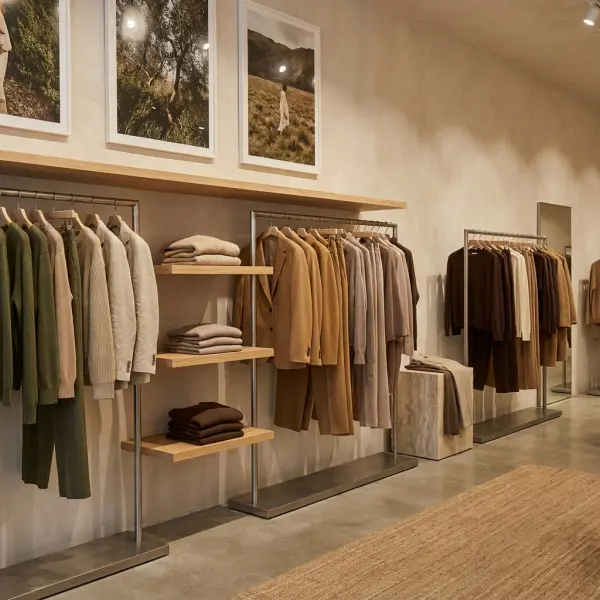 Display koleksi fashion bernuansa earth tone di dalam toko dengan penataan warna yang harmonis