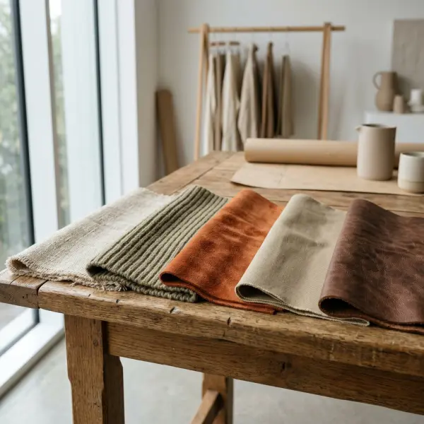 Berbagai tekstur kain earth tone seperti linen, rajut, suede, dan katun Berbagai tekstur kain earth tone seperti linen, rajut, suede, dan katun