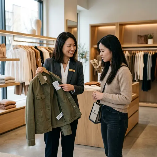 Fashion advisor menjelaskan cara merawat pakaian katun twill kepada pelanggan Fashion advisor menjelaskan cara merawat pakaian katun twill kepada pelanggan