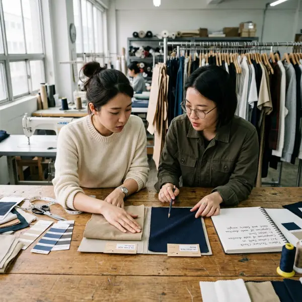 Tim pengembangan produk membandingkan sampel katun twill dan katun drill Tim pengembangan produk membandingkan sampel katun twill dan katun drill