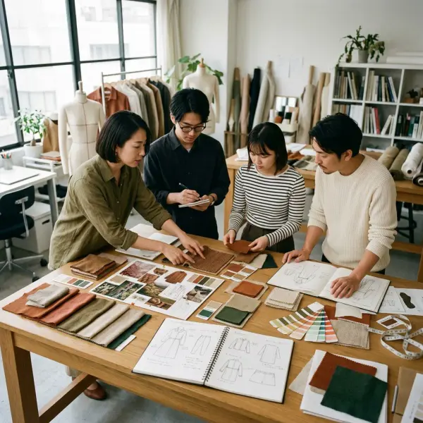 Tim desain fashion sedang menyusun color palette earth tone untuk koleksi pakaian baru