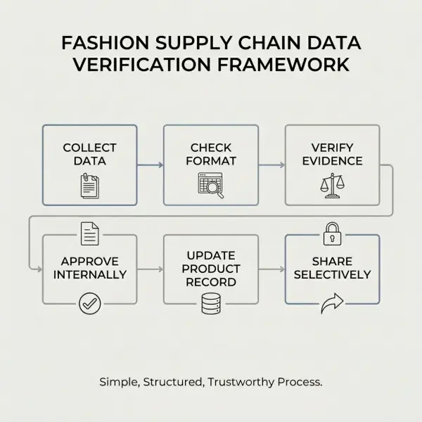 Framework showing how fashion brands verify supplier data before using it for visibility and transparency