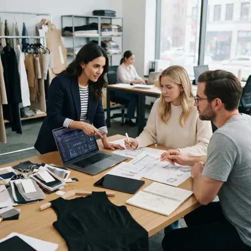 Fashion supply chain team reviewing digital production and inventory data in a modern apparel office