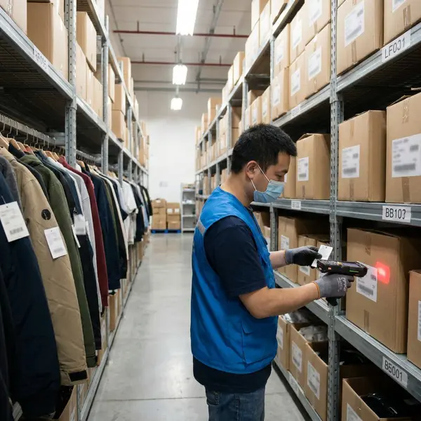 Apparel warehouse worker scanning garments for inventory visibility using RFID and barcode technology