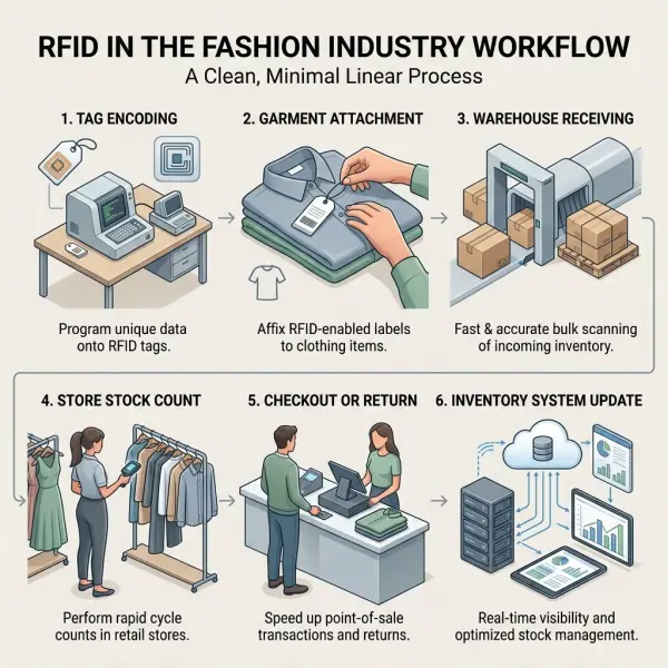 Workflow diagram showing how RFID works across fashion production warehouse and retail operations Workflow diagram showing how RFID works across fashion production warehouse and retail operations