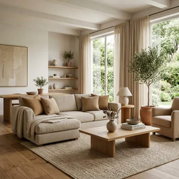 Ruang keluarga bergaya modern dengan dominasi warna earth tone dan material alami