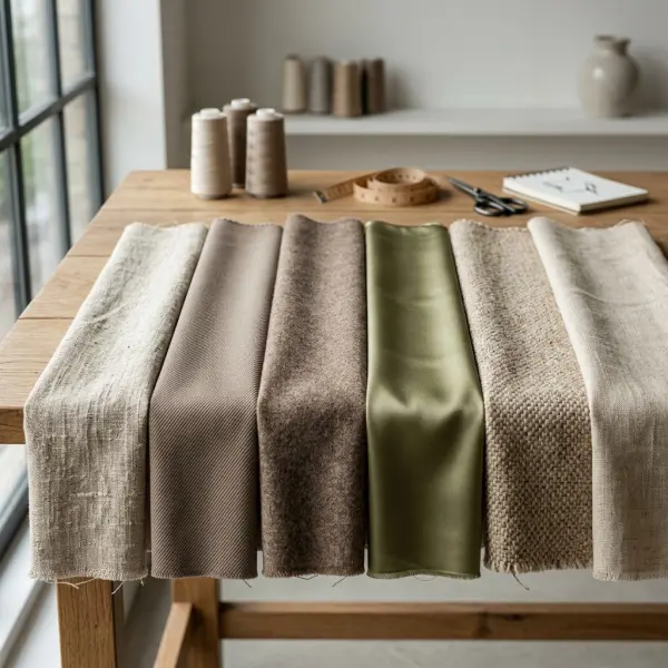 Berbagai jenis kain dengan warna earth tone yang menunjukkan perbedaan tekstur dan pantulan cahaya