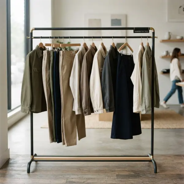 Koleksi pakaian kasual berbahan katun twill pada rak butik modern Koleksi pakaian kasual berbahan katun twill pada rak butik modern
