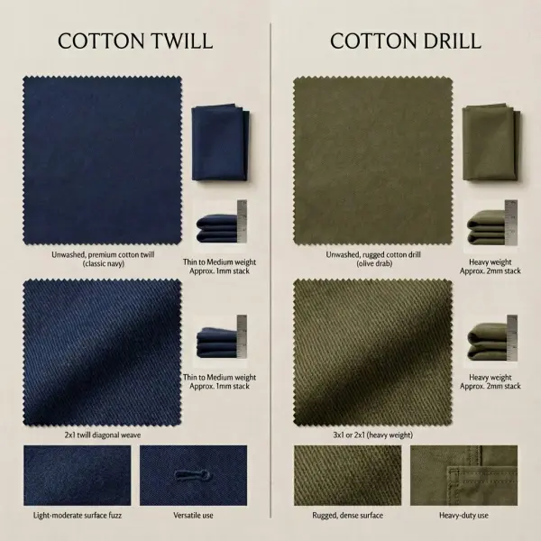 Perbandingan visual kain katun twill dan katun drill Perbandingan visual kain katun twill dan katun drill