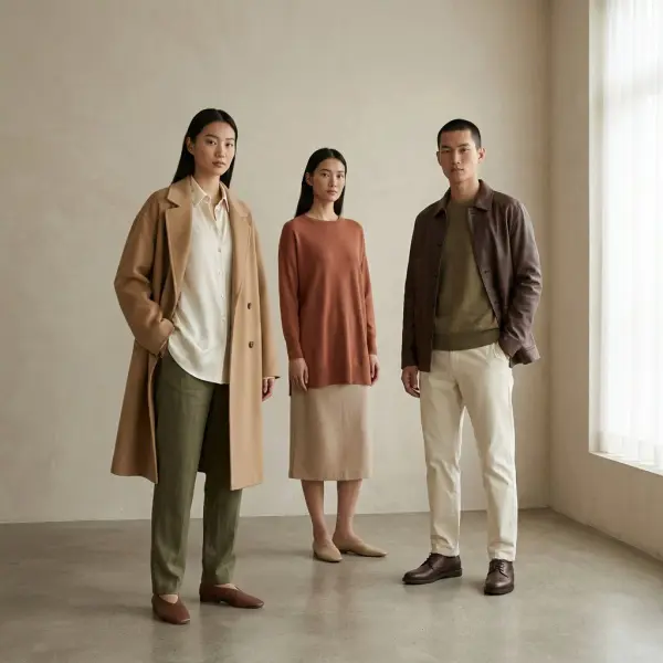 Kombinasi outfit dengan palet warna earth tone yang harmonis menggunakan beige, olive, camel, dan terracotta