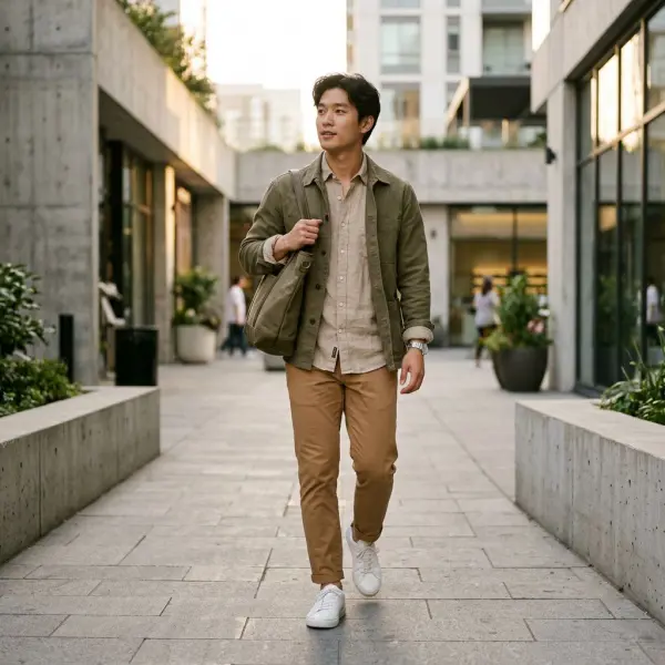 Inspirasi outfit kasual menggunakan kombinasi warna earth tone