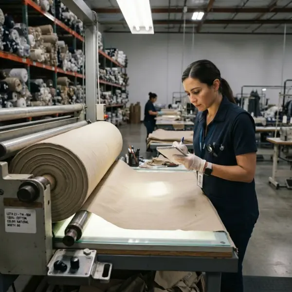 Tim quality control memeriksa kualitas kain katun twill sebelum produksi Tim quality control memeriksa kualitas kain katun twill sebelum produksi