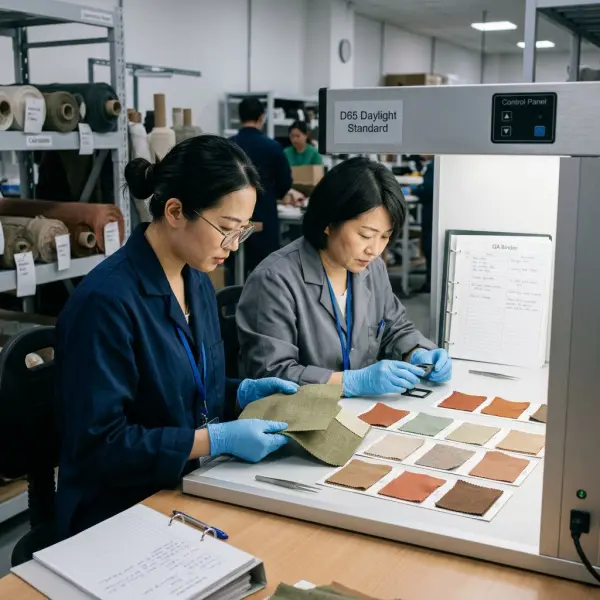 Proses pemeriksaan konsistensi warna kain earth tone di ruang quality control