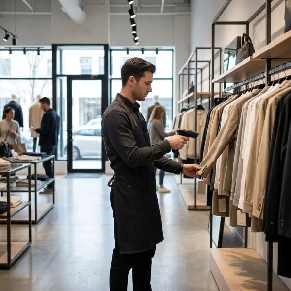 Fashion retail staff scanning RFID-tagged garments for inventory accuracy in a modern clothing store Fashion retail staff scanning RFID-tagged garments for inventory accuracy in a modern clothing store