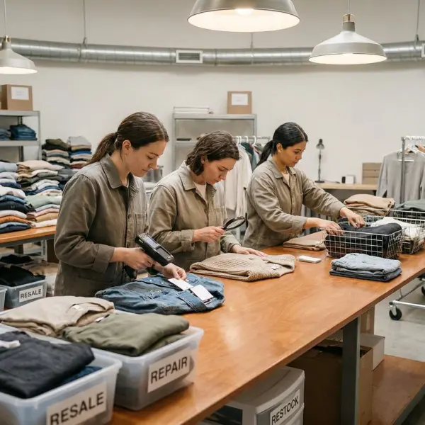 Fashion operations team checking RFID-tagged returned garments for resale and repair workflows Fashion operations team checking RFID-tagged returned garments for resale and repair workflows