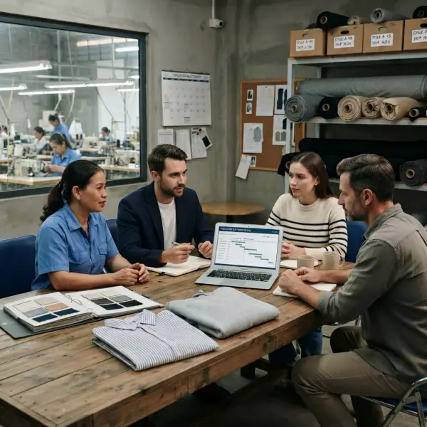 Apparel supplier and brand team reviewing digital production milestone updates Apparel supplier and brand team reviewing digital production milestone updates