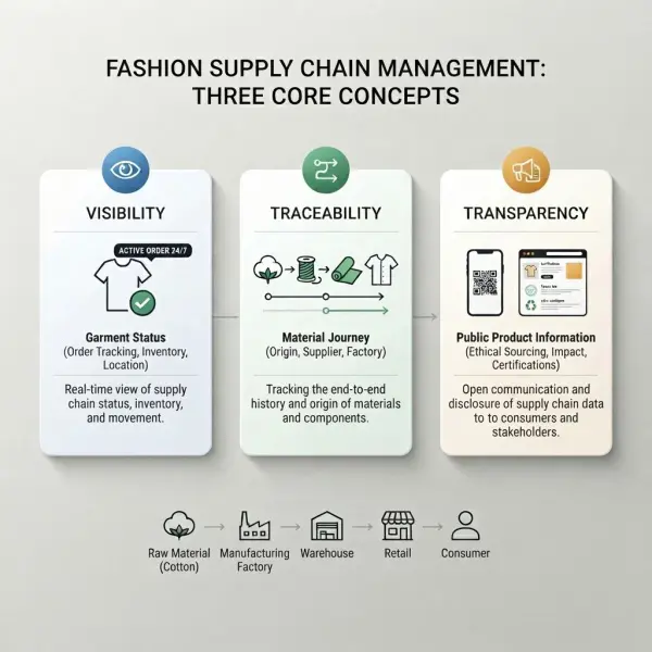 Diagram explaining visibility traceability and transparency in the fashion supply chain