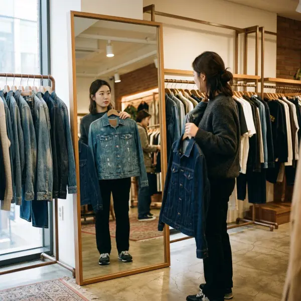 Seseorang mencoba beberapa model denim jacket di depan cermin