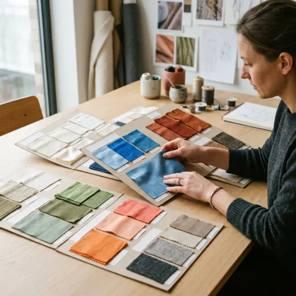 Fashion team testing forecast colors through fabric swatches and lab dips Fashion team testing forecast colors through fabric swatches and lab dips