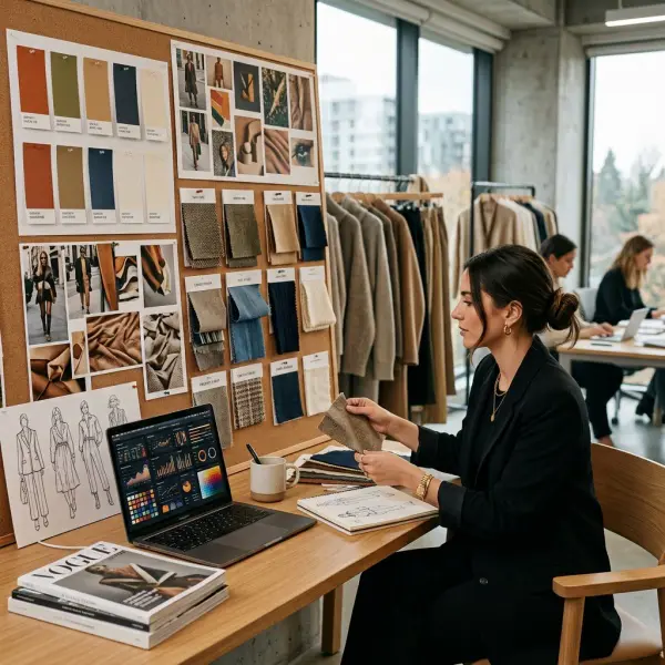 Fashion color forecasting workspace with future palette boards and lifestyle trend references Fashion color forecasting workspace with future palette boards and lifestyle trend references