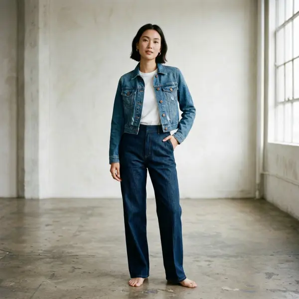 Cropped denim jacket dipadukan dengan celana high-waist untuk tampilan modern