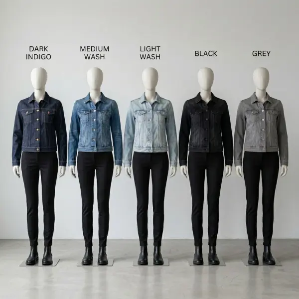 Perbandingan warna jaket denim dark indigo, medium wash, light wash, black, dan grey Perbandingan warna jaket denim dark indigo, medium wash, light wash, black, dan grey