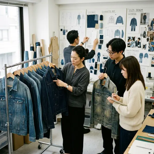 Tim desain fashion membandingkan berbagai model denim jacket di studio