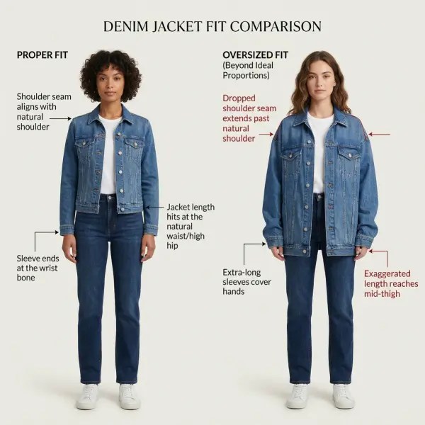 Membandingkan ukuran jaket denim yang pas dan yang terlalu besar Membandingkan ukuran jaket denim yang pas dan yang terlalu besar