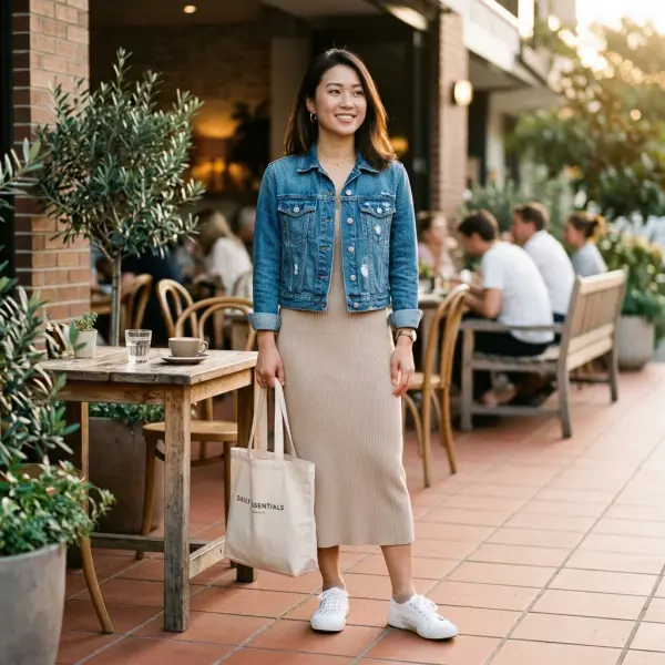 Ide padu padan jaket denim wanita dengan midi dress bergaya kasual Ide padu padan jaket denim wanita dengan midi dress bergaya kasual