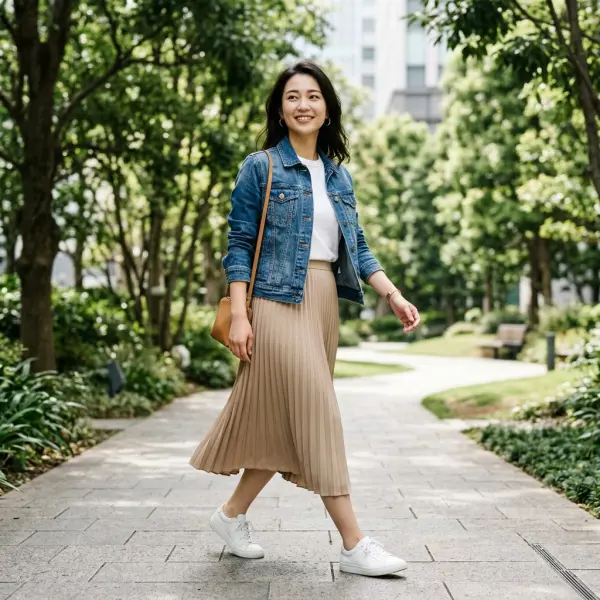 Inspirasi gaya jaket denim dengan rok midi berwarna netral Inspirasi gaya jaket denim dengan rok midi berwarna netral