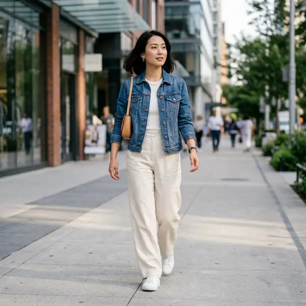 Inspirasi outfit jaket denim wanita dengan wide leg pants Inspirasi outfit jaket denim wanita dengan wide leg pants