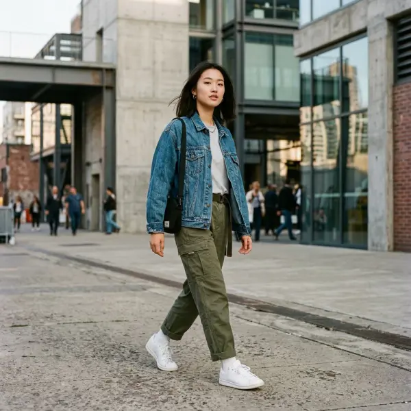 Kombinasi denim jacket dengan celana cargo bergaya urban