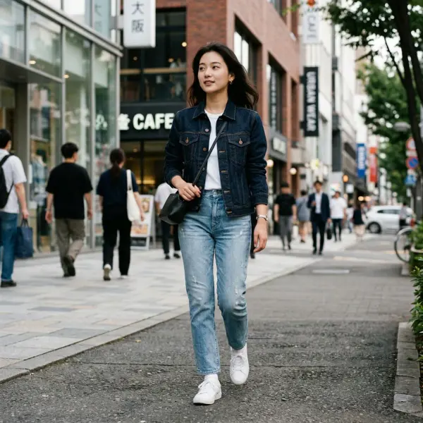 Kombinasi denim jacket dengan jeans berbeda warna