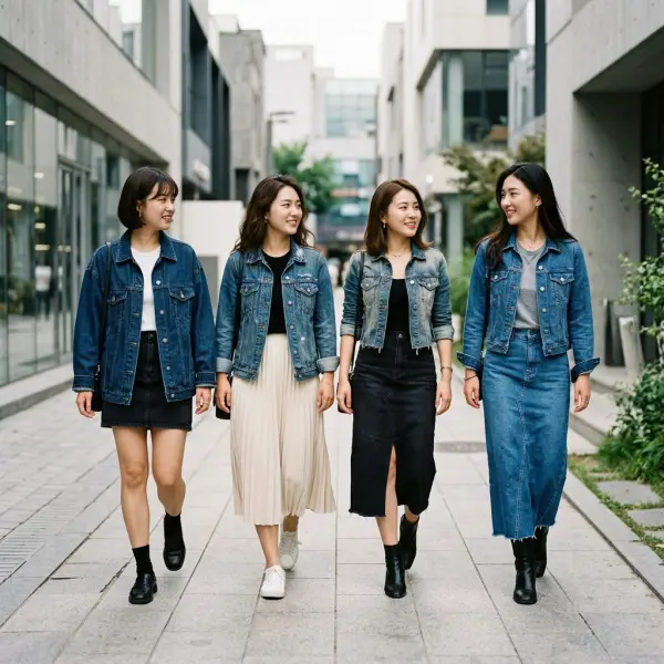 Inspirasi padu padan jaket denim dengan mini skirt, pleated skirt, midi skirt, dan maxi skirt